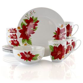 Gibson Home Holiday Poinsettia 12 Piece Fine Ceramic Dinnerware Set